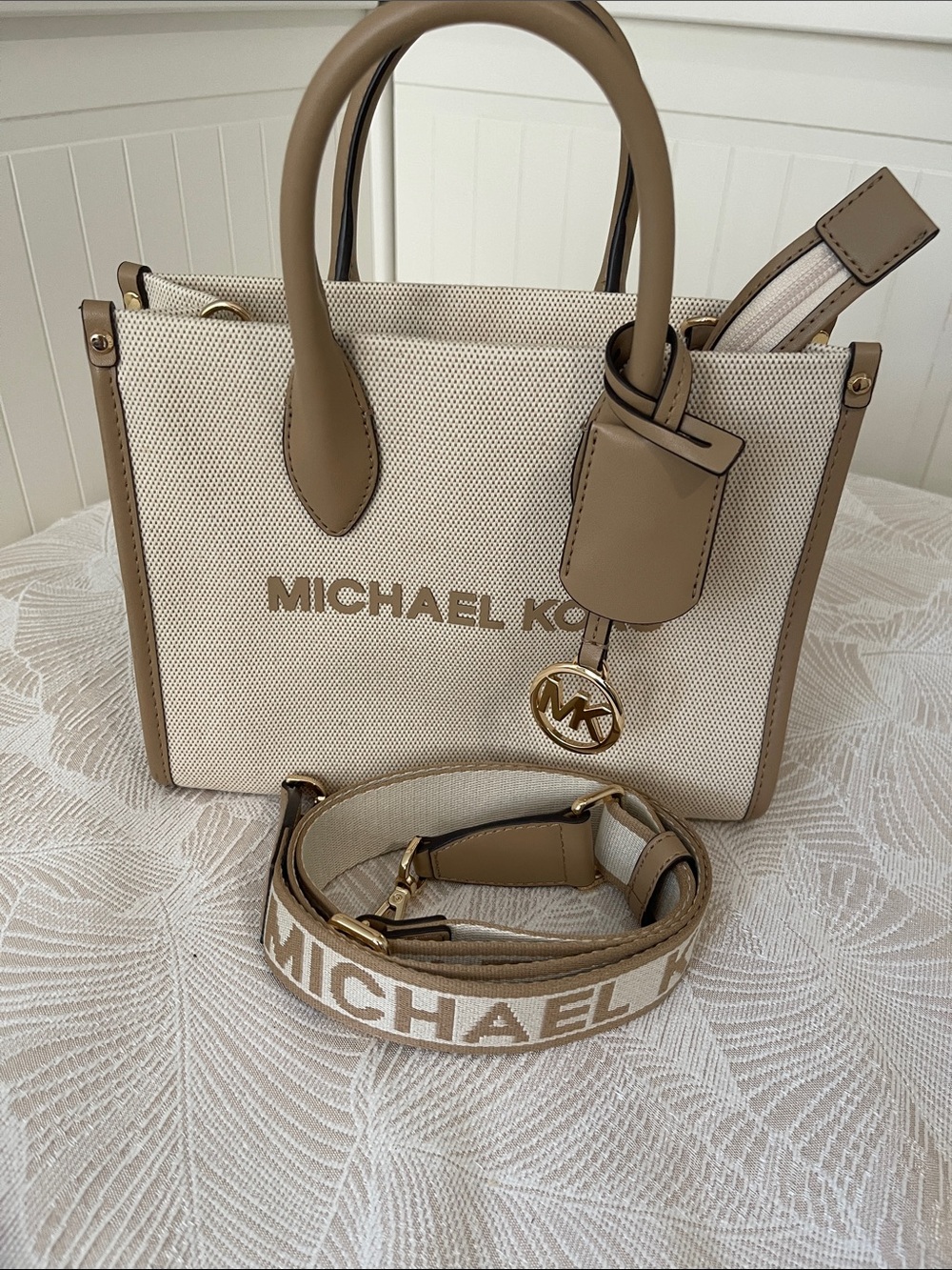 Michael Kors Cream Canvas and Taupe Leather Satchel with Gold Hardware